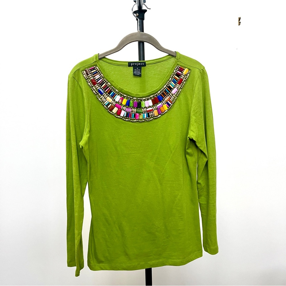 Like New! Light Moss Green Bohemian Beaded Long Sleeve Cotton Top - Med